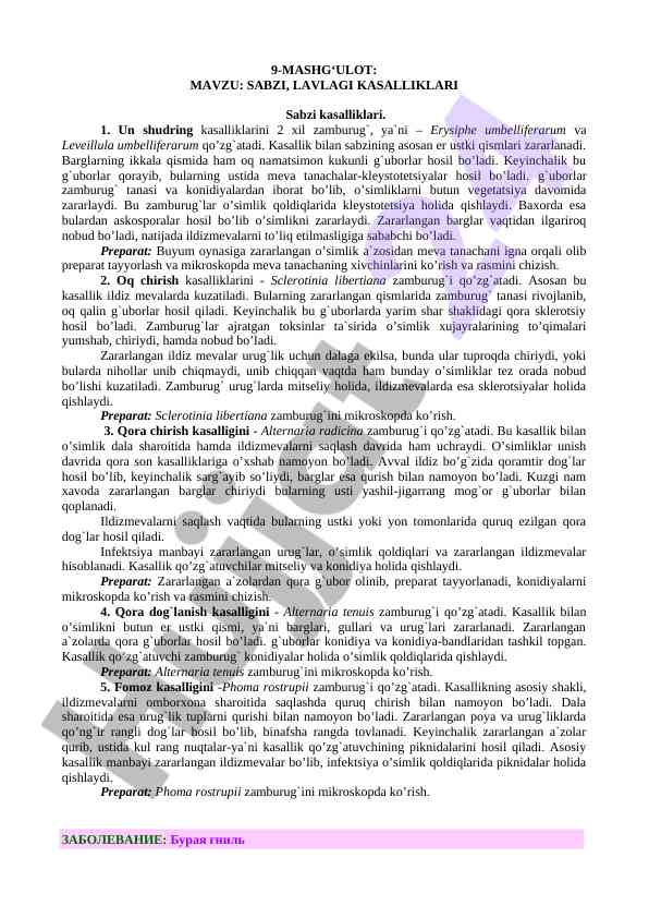 Sabzi va lavlagi kasalliklari tahlili va davolash