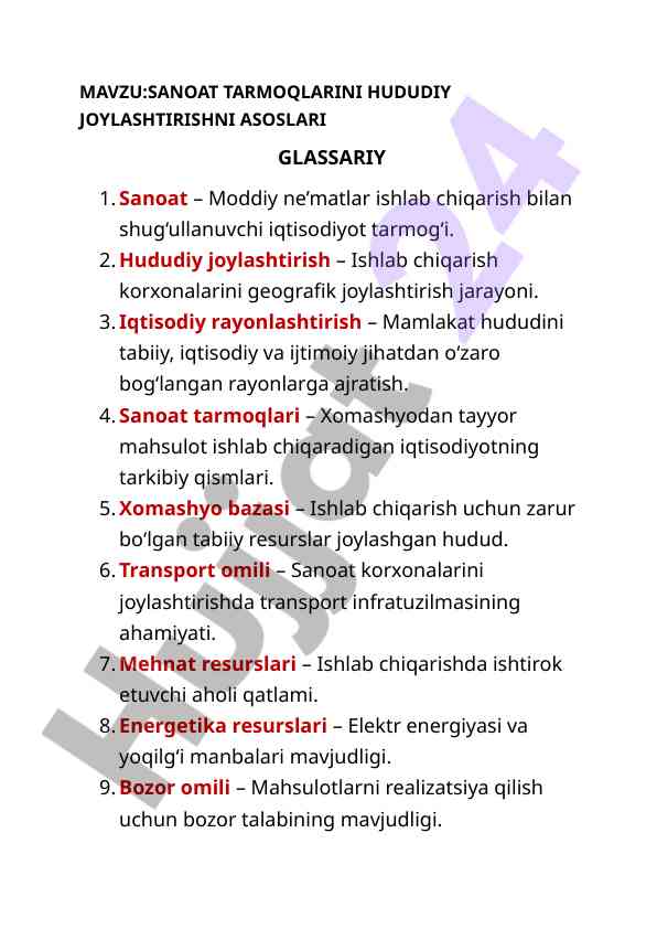 Sanoat tarmoqlarini hududiy joylashtirish asoslari