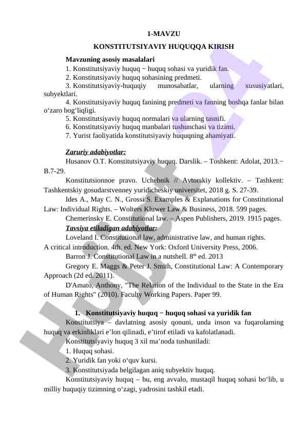 Konstitutsiyaviy huquqqa kirish asosiy masalalari