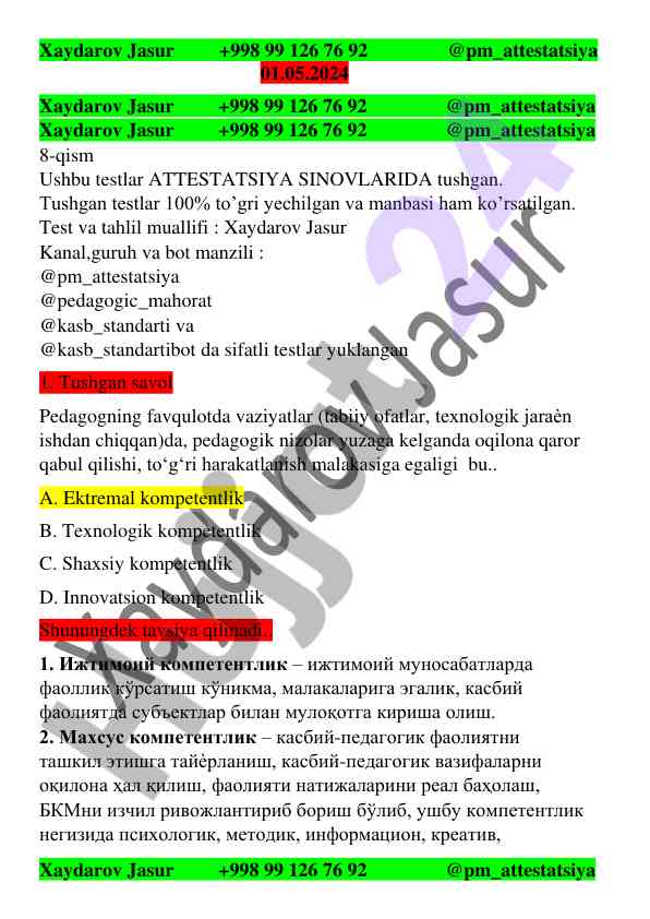 Attestatsiya sinovlarida tushgan testlar