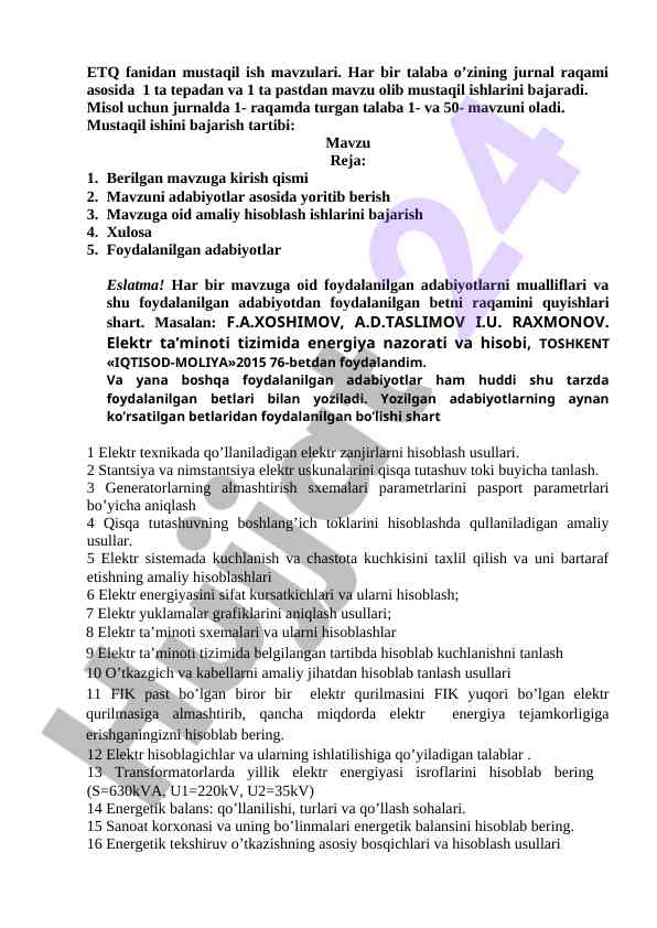Etq fanidan mustaqil ish mavzulari tanlash tizimi