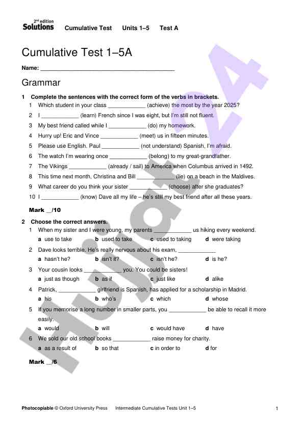 Intermediate cumulative tests units 1-5 a
