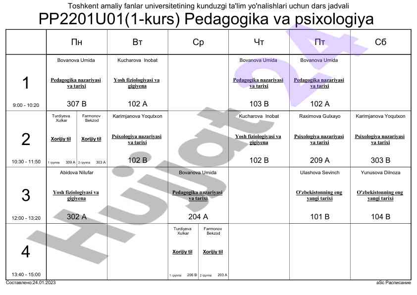 Yosh fiziologiyasi va gigiyena dars jadvali