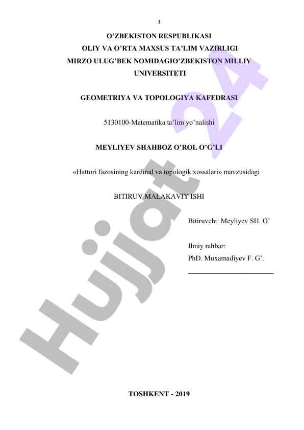 Hattori fazosining kardinal va topologik xossalari