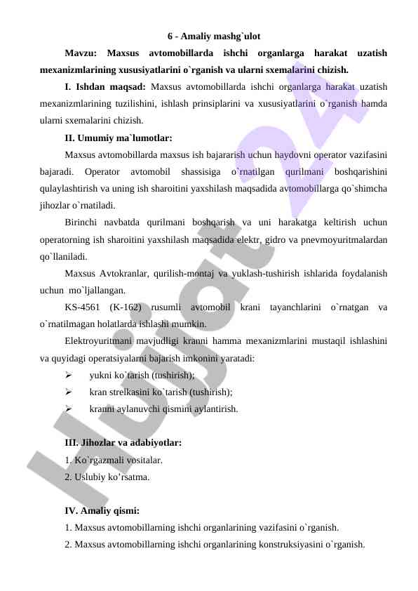 Maxsus avtomobillarda harakat mekanizmlari o‘rganish