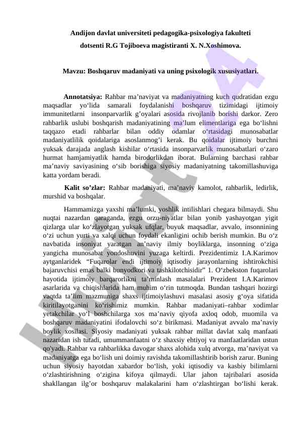 Boshqaruv madaniyati va psixologik xususiyatlar