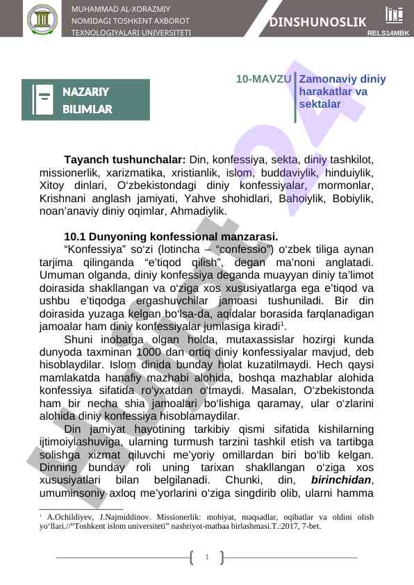 Diniy konfessiyalar haqida ma'lumotlar