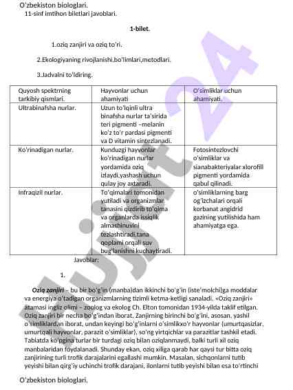 11-sinf ekologiya imtihon biletlari javoblari