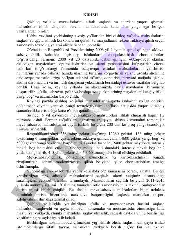 Qishloq xo’jalik mahsulotlarini sifatli saqlash