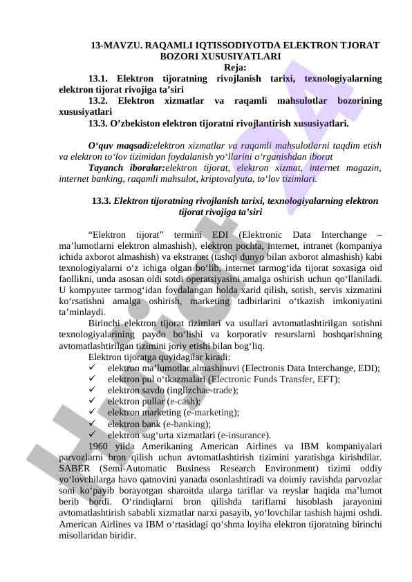 Raqamli iqtisodiyotda elektron tijorat xususiyatlari