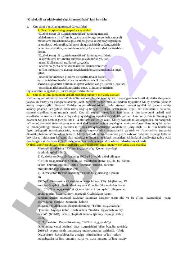 O‘zbek tili o‘qitish metodikasi tahlili