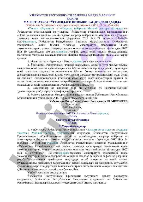 Magistratura Toshida Nizomni Tasdiqlash