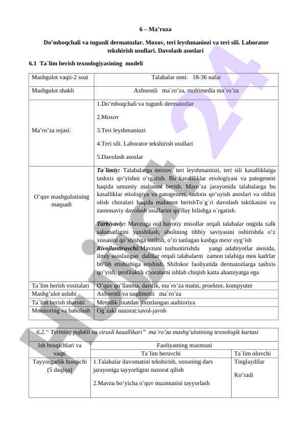 Dermatozlar va ularning laborator tekshirish usullari