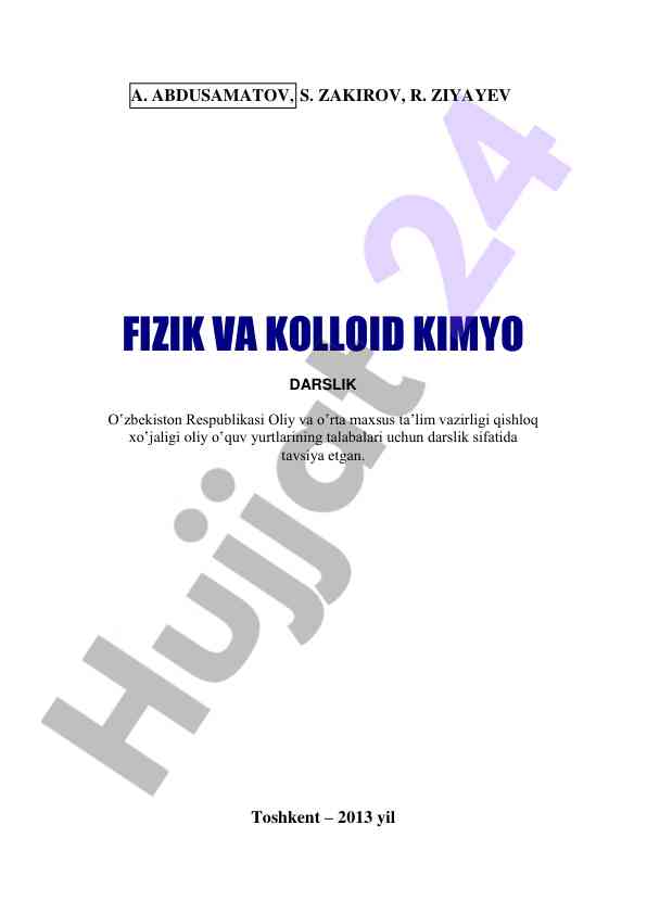 Fizik va kolloid kimyo darslik oliy ta'lim uchun