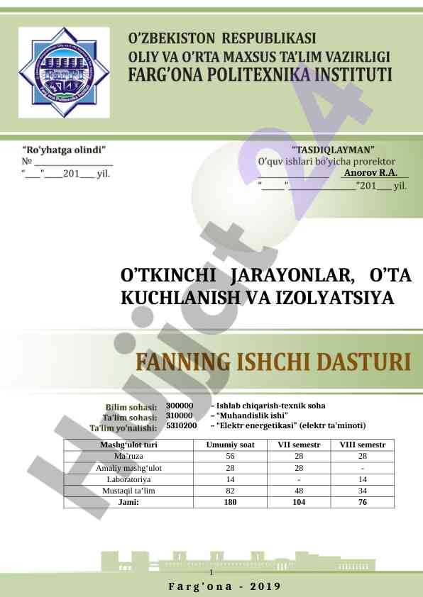Elektr energetikasi fanidan ishchi o‘quv dasturi