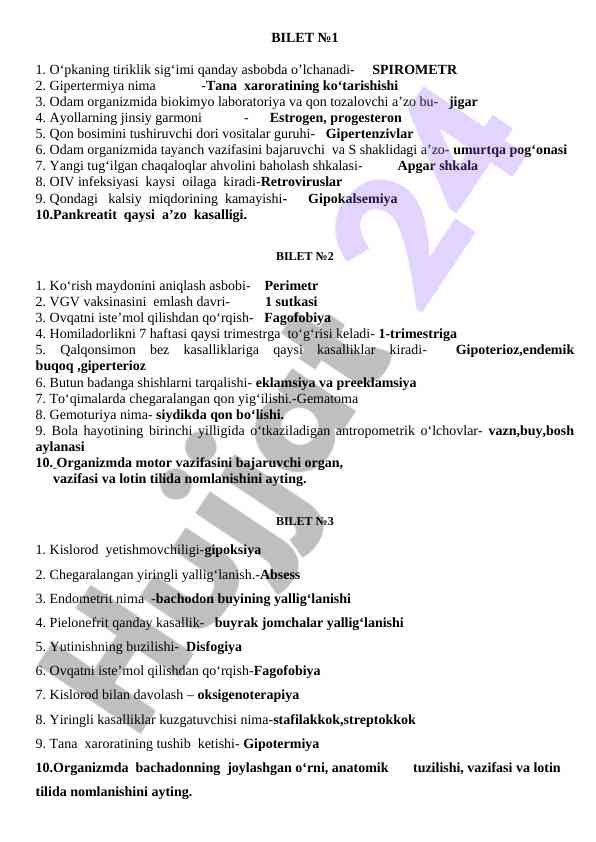 Tibbiyot sohasidagi test savollari biletlari