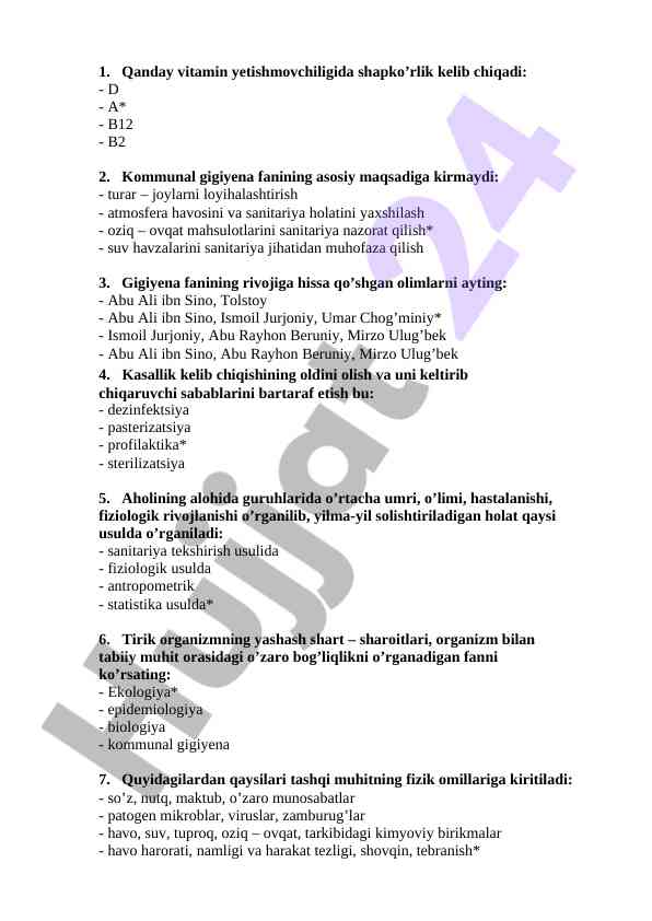 Vitamin yetishmovchiligi va gigiyena asoslari