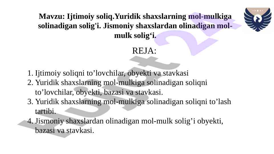 Ijtimoiy soliq.Yuridik shaxslarning mol-mulkiga solinadigan solig'i. Jismoniy shaxslardan olinadigan mol-mulk solig’i.