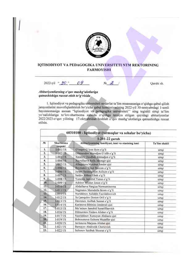 Abituriyentlar uchun ta'lim shartnomalari ro'yxati