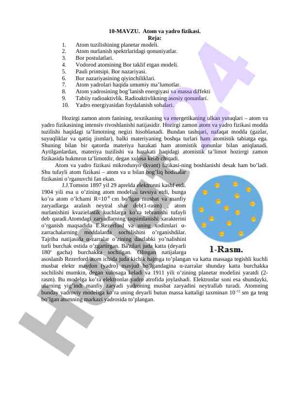 Atom va yadro fizikasi: asosiy qonuniyatlar