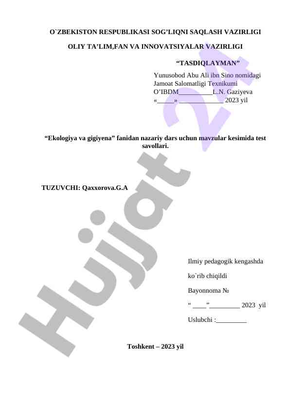 Ekologiya va gigiyena fanidan test savollari