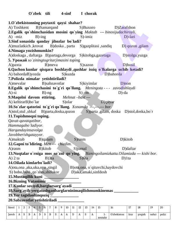 O'zbek tili 4-sinf i chorak test savollari