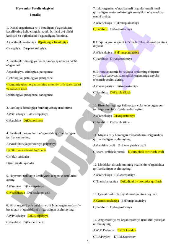 Hayvonlar patofiziologiyasi bo'yicha test savollari
