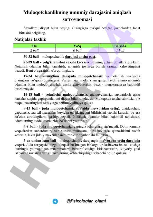 Muloqotchanlik darajasini aniqlash so‘rovnomasi