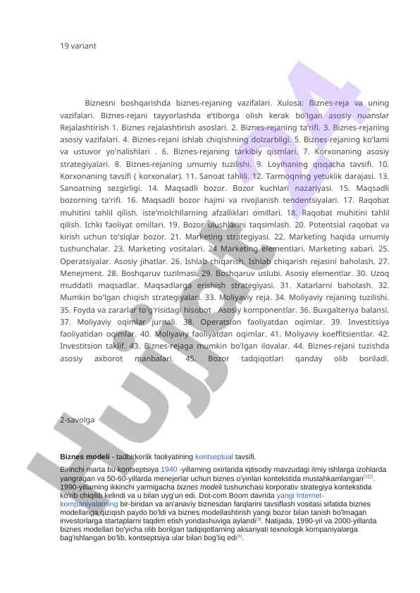 Biznes-rejaning vazifalari va tajribalar