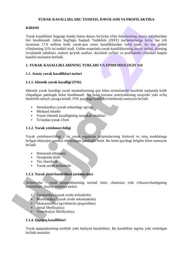 Yurak kasalliklari tashxis davolash va profilaktika