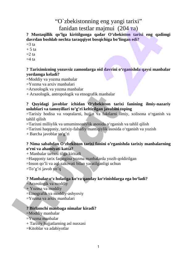 O‘zbekiston tarixi fanidan testlar majmui