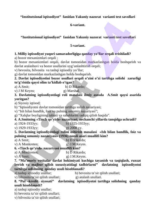 Institutsional iqtisodiyot fanidan nazorat test savollari
