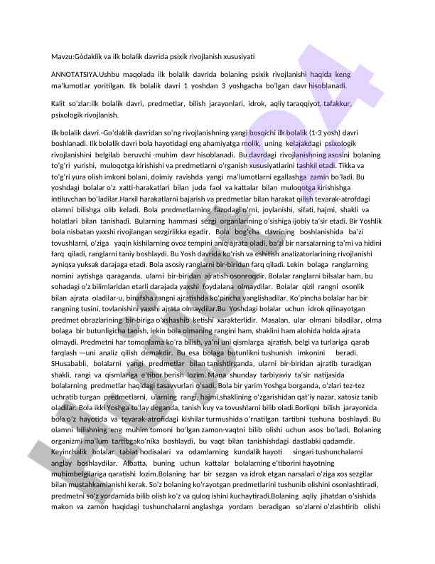 G‘odaklik va ilk bolalik davrida psixik rivojlanish