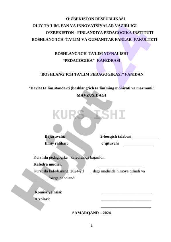 Boshlang‘ich ta’lim pedagogikasi fanidan kurs ish