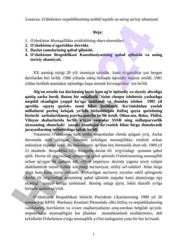 O'zbekiston respublikasi tashkil topishi va tarixi