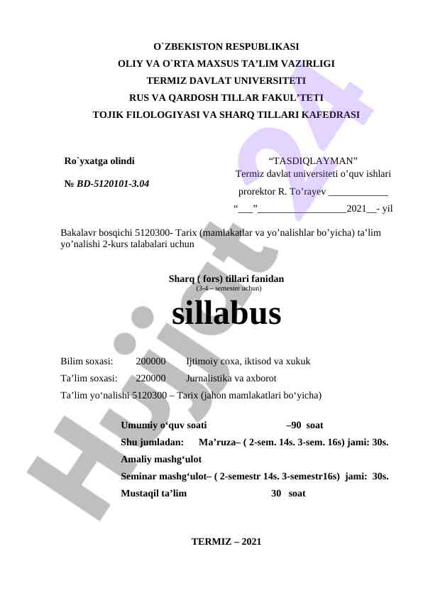 Sharq tillari sillabusi bakalavr talabalari uchun