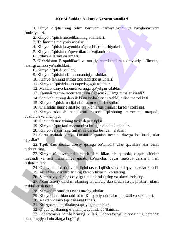 KIMYO O‘QITISH METHODIKASI VA TADBIRLARI