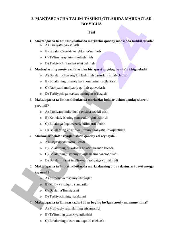 Maktabgacha ta'lim tashkilotlarida markazlar testi