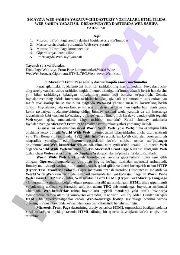 Web-sahifa yaratish dasturi vositasi haqida ma'lumotlar
