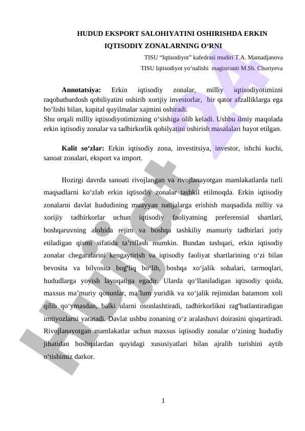Erkin iqtisodiy zonalarning ekonomik o'sishdagi roli