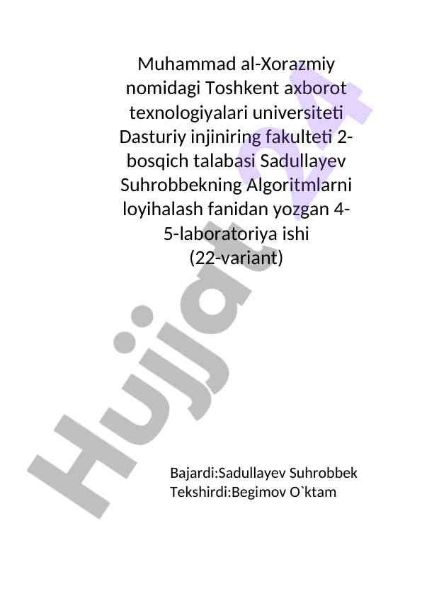 Algoritmlarni loyihalash laboratoriya ishlari