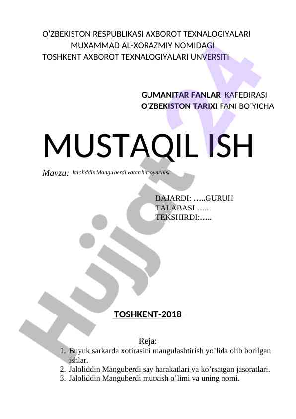 Jaloliddin manguberdi tarixida mustaqil ish