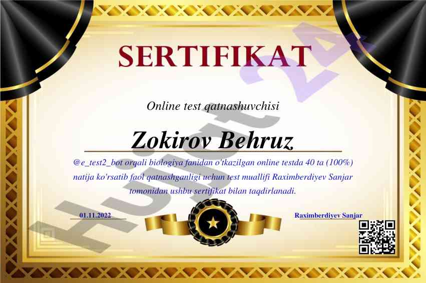 Online biologiya test natijalari sertifikatlari