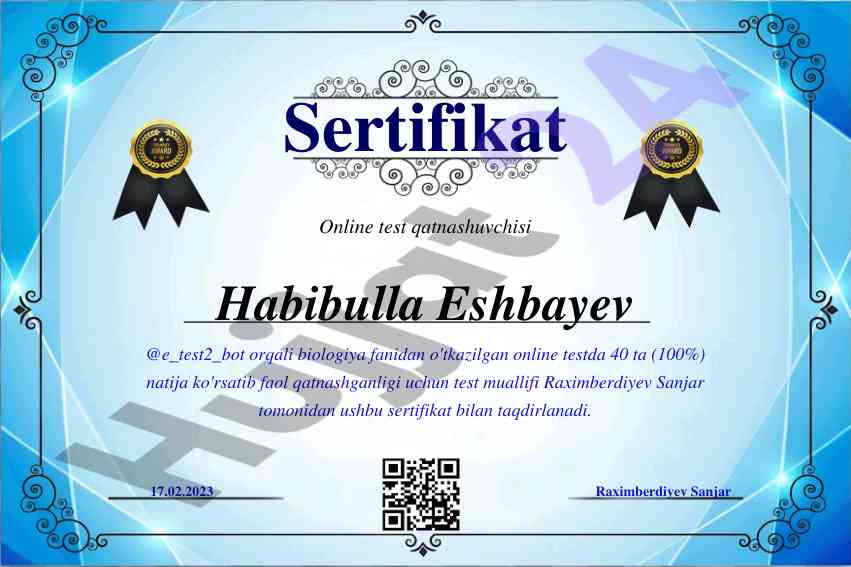 Biologiya fani bo‘yicha online test sertifikatlari