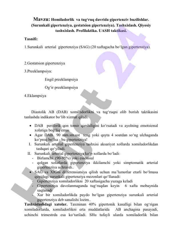Homiladorlikda gipertenziv buzilishlar tashxisi