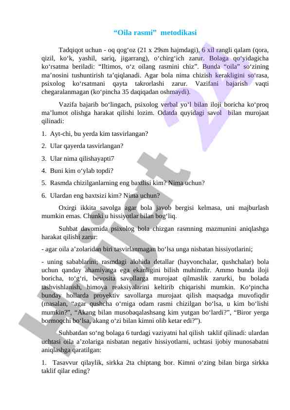 Oila rasmida psixologik tadqiqot metodikasi
