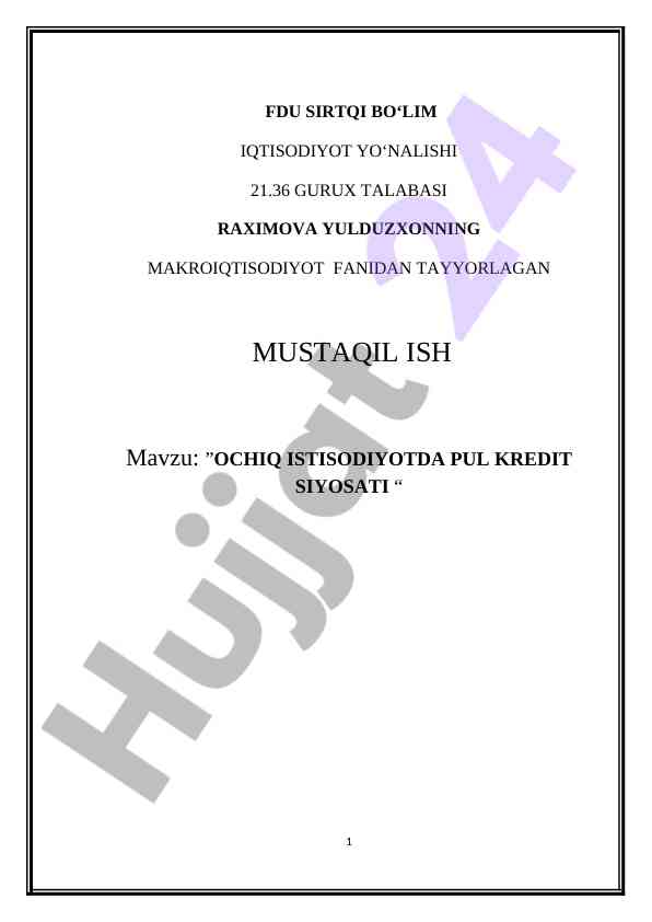 Ochiq iqtisodiyotda pul kredit siyosati tahlili