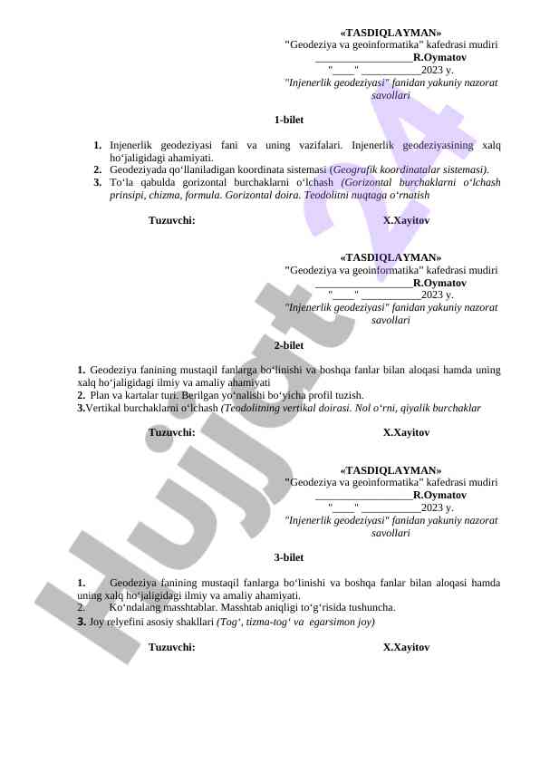 Injenerlik geodeziyasi yakuniy nazorat savollari