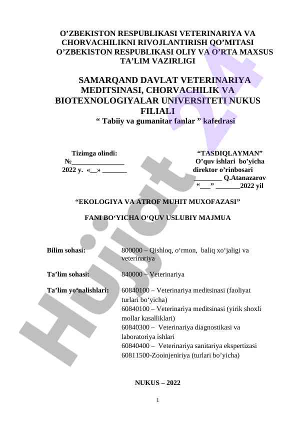 Ekologiya va atrof muhit muxofazasi o‘quv uslubiy majmua