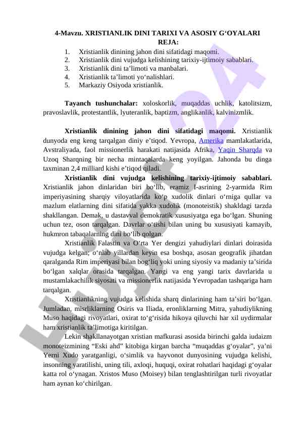 Xristianlik dini tarixi va asosiy g‘oyalari